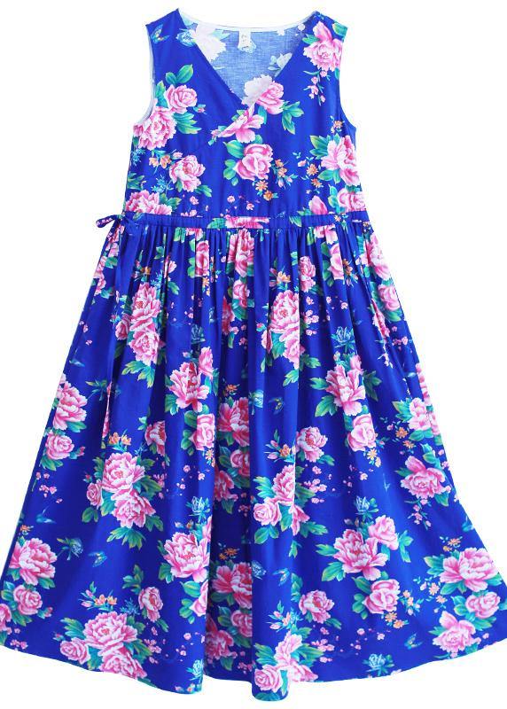Diy Summer Sleeveless Clothes Work Blue Print Dresses