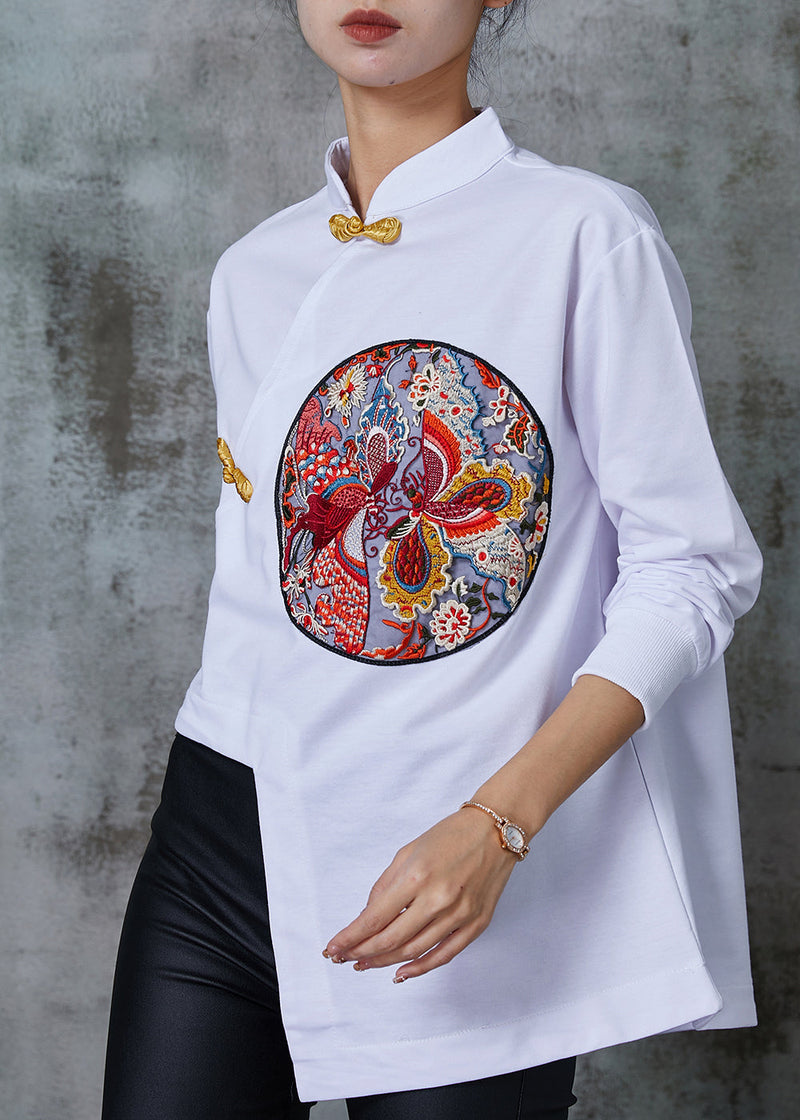 Diy White Asymmetrical Embroidered Cotton Blouses Spring