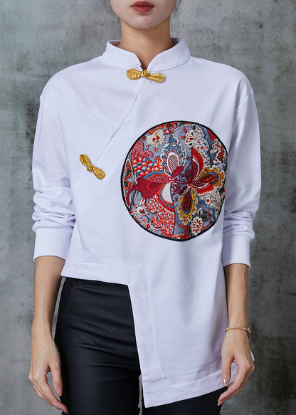 Diy White Asymmetrical Embroidered Cotton Blouses Spring