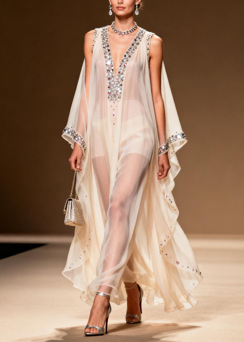 Diy White Cold Shoulder Rhinestone Chiffon Sheer Dress Summer