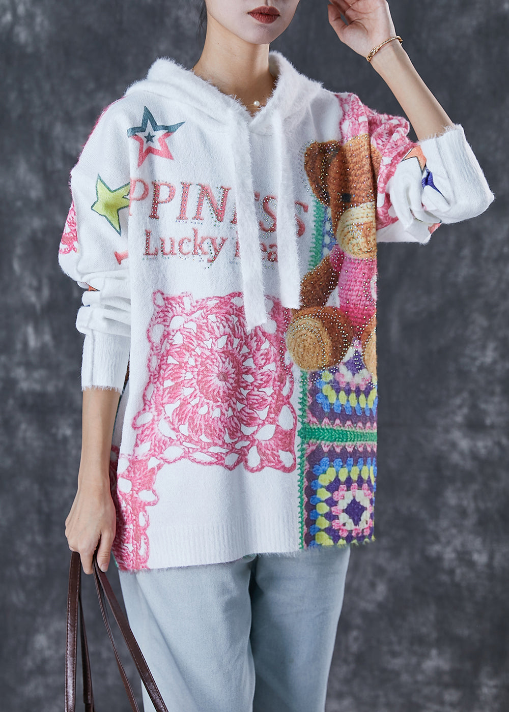 Diy White Hooded Bear Print Mink Hair Knitted Pullover Sweater Winter