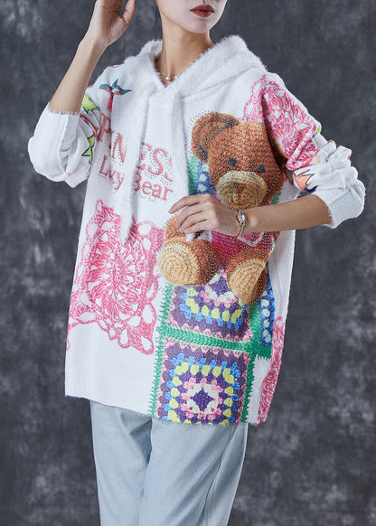Diy White Hooded Bear Print Mink Hair Knitted Pullover Sweater Winter