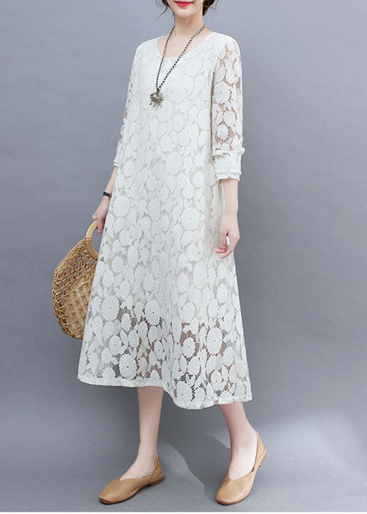 Diy White O-neck Lace Long Dresses Long Sleeve