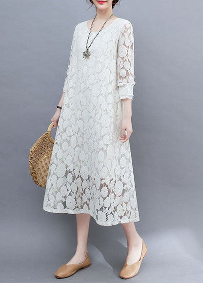 Diy White O-neck Lace Long Dresses Long Sleeve