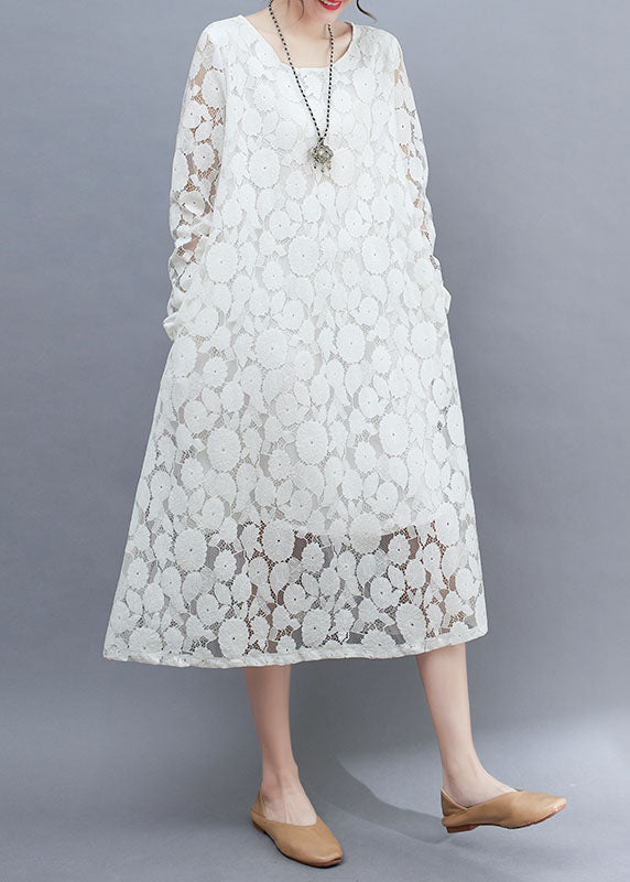 Diy White O-neck Lace Long Dresses Long Sleeve