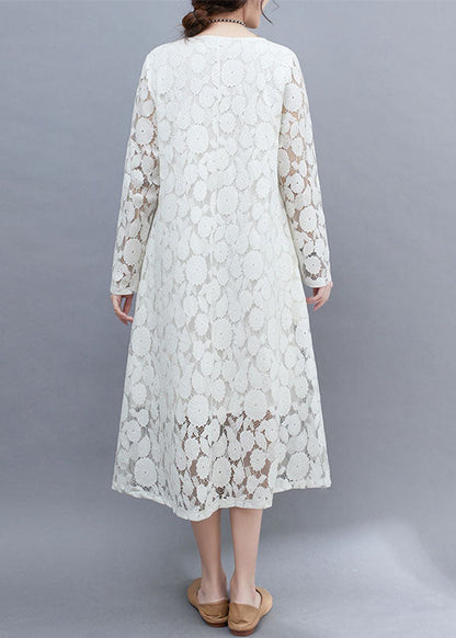Diy White O-neck Lace Long Dresses Long Sleeve