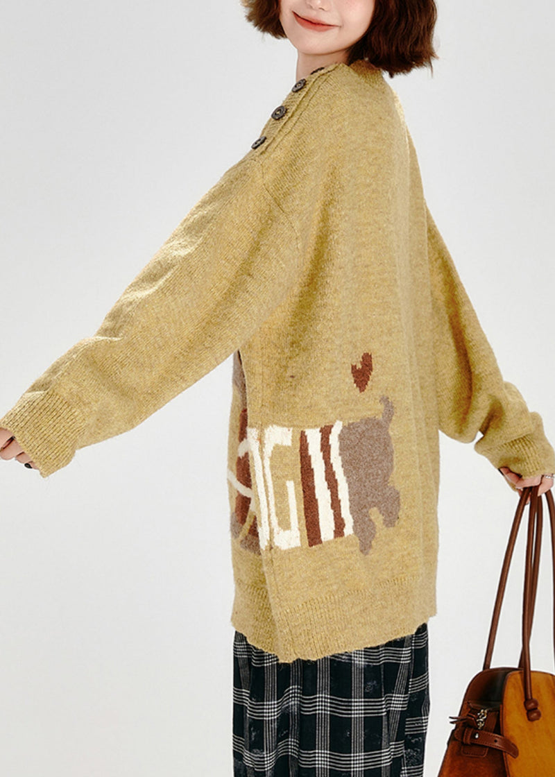 Diy Yellow Asymmetrical Dog Jacquard Knit Sweater Tops Winter