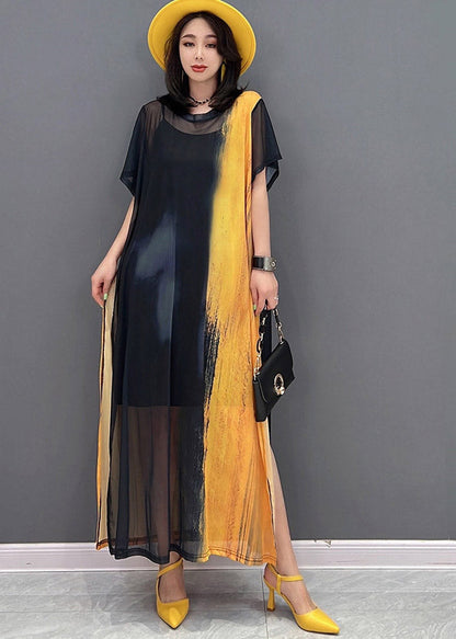 Diy Yellow O-neck Smeared Tulle Ankle Dress Short Sleeve