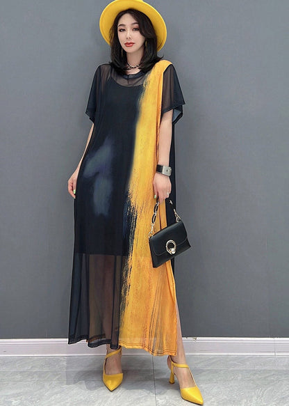 Diy Yellow O-neck Smeared Tulle Ankle Dress Short Sleeve
