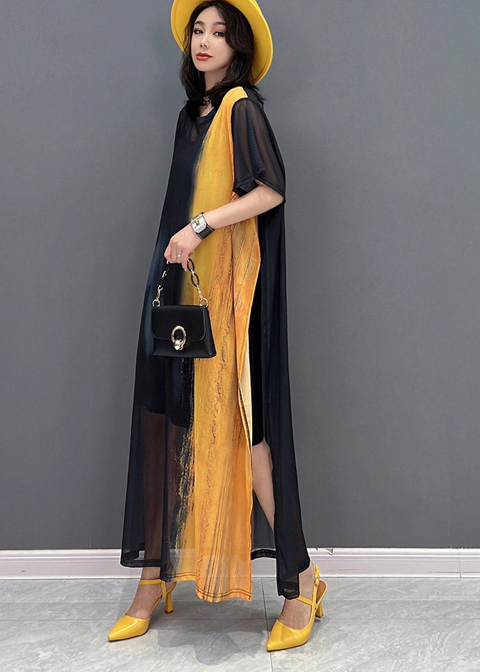 Diy Yellow O-neck Smeared Tulle Ankle Dress Short Sleeve