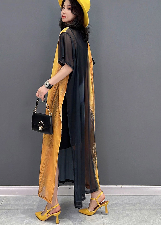 Diy Yellow O-neck Smeared Tulle Ankle Dress Short Sleeve
