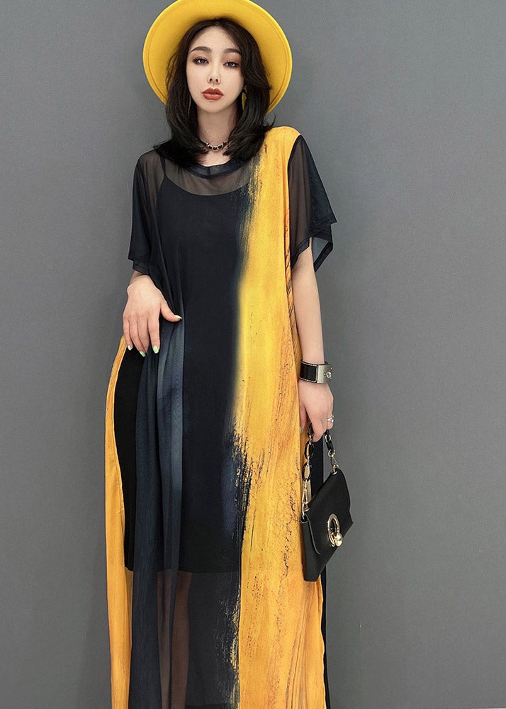 Diy Yellow O-neck Smeared Tulle Ankle Dress Short Sleeve