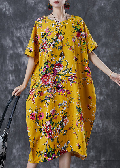 Diy Yellow Oversized Print Cotton Maxi Dresses Summer