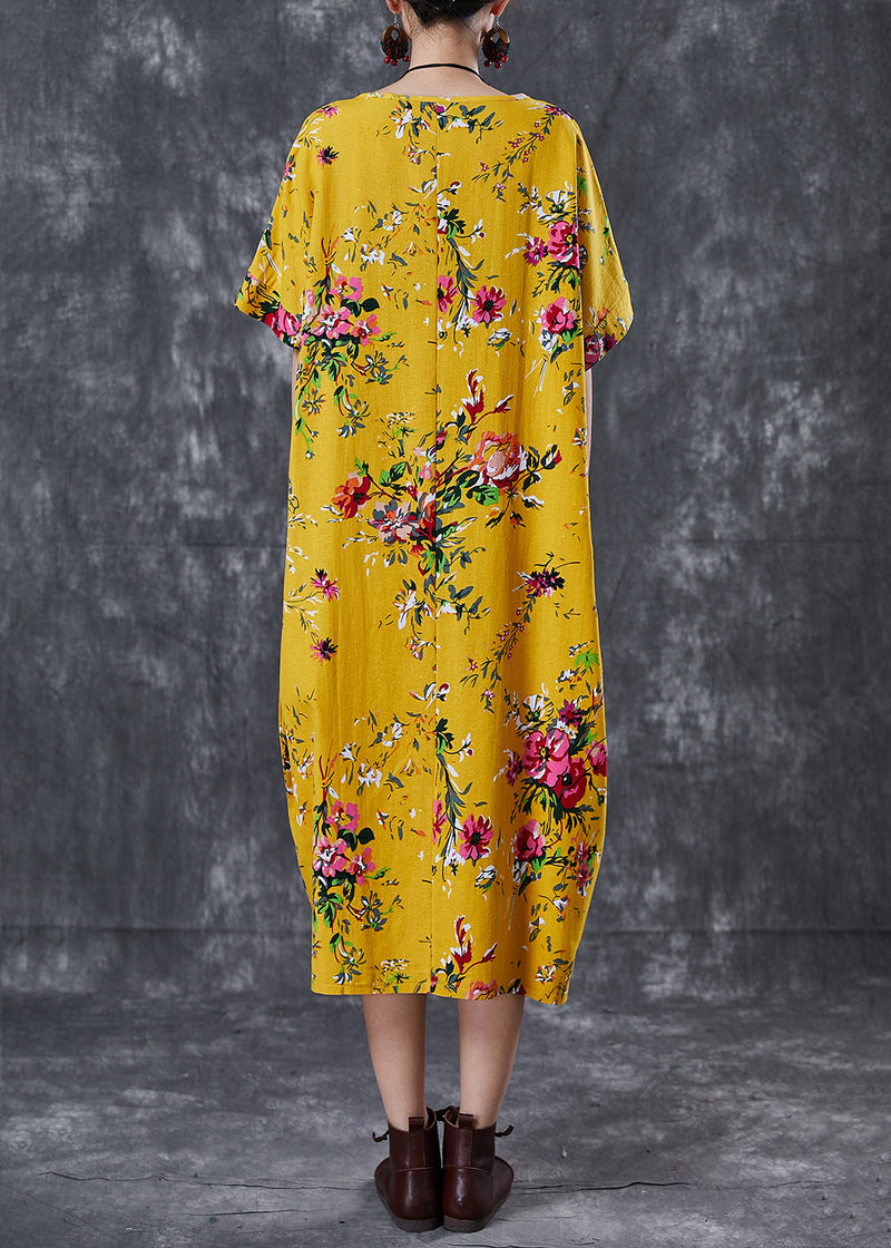 Diy Yellow Oversized Print Cotton Maxi Dresses Summer