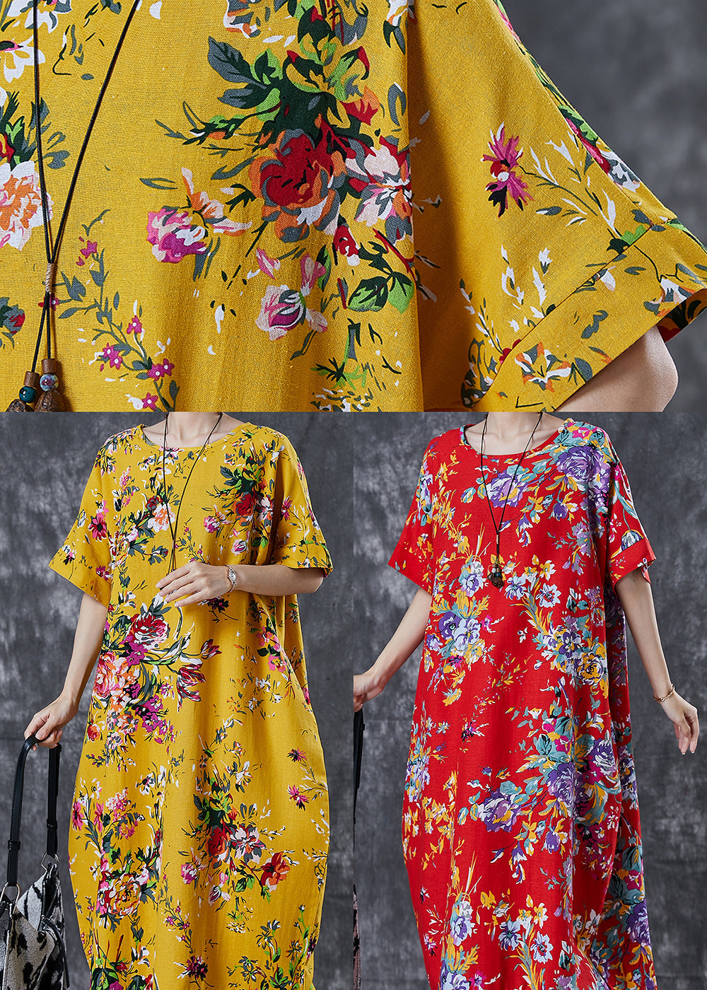 Diy Yellow Oversized Print Cotton Maxi Dresses Summer