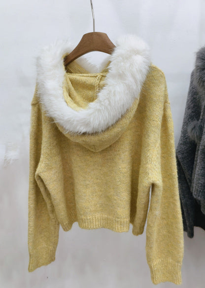 Diy Yellow Patchwork Warm Hooded Cotton Knit Sweaters Winter