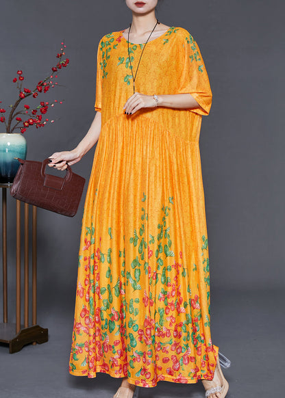 Diy Yellow Print Exra Large Hem Silk Long Dress Summer