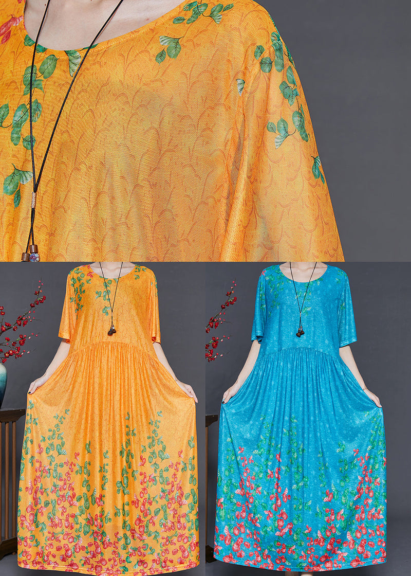 Diy Yellow Print Exra Large Hem Silk Long Dress Summer