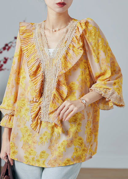 Diy Yellow Ruffled Print Chiffon Top Summer