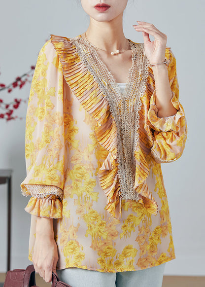 Diy Yellow Ruffled Print Chiffon Top Summer