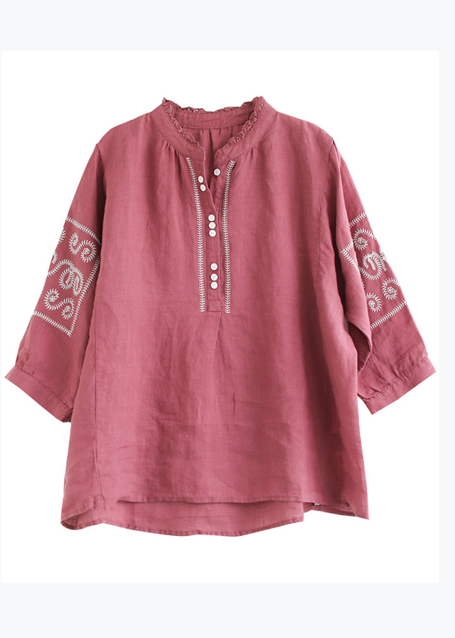 Diy Yellow Stand Collar Embroidered Linen Blouse Top Summer