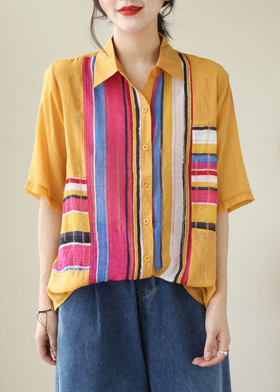 Diy Yellow Striped Zircon Patchwork Cotton Shirts Tops Summer