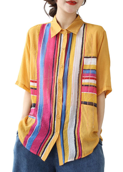 Diy Yellow Striped Zircon Patchwork Cotton Shirts Tops Summer