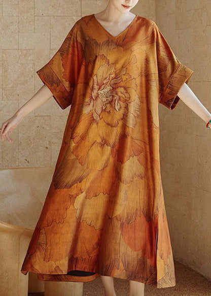 Diy Yellow V Neck Print Side Open Patchwork Silk Dress Summer
