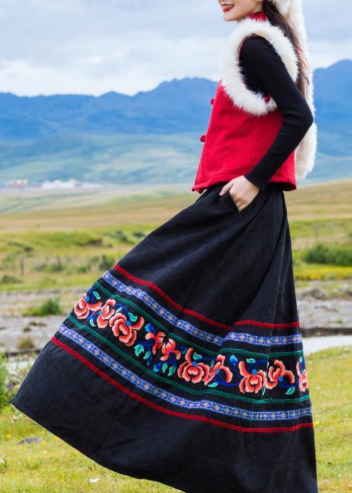 Diy Black Cotton Quilting Clothes Pleated Tunic Embroidery Skirt