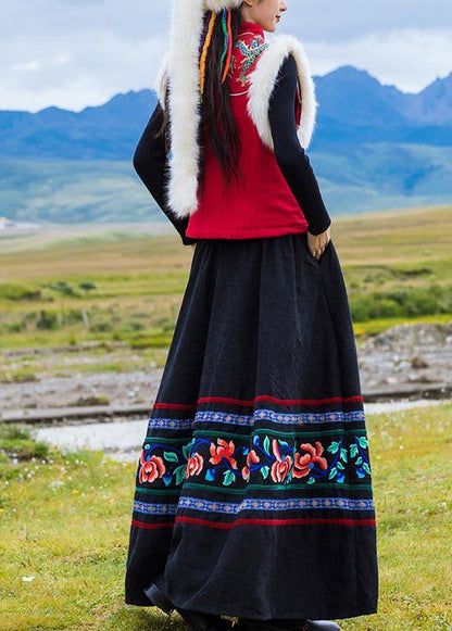 Diy Black Cotton Quilting Clothes Pleated Tunic Embroidery Skirt