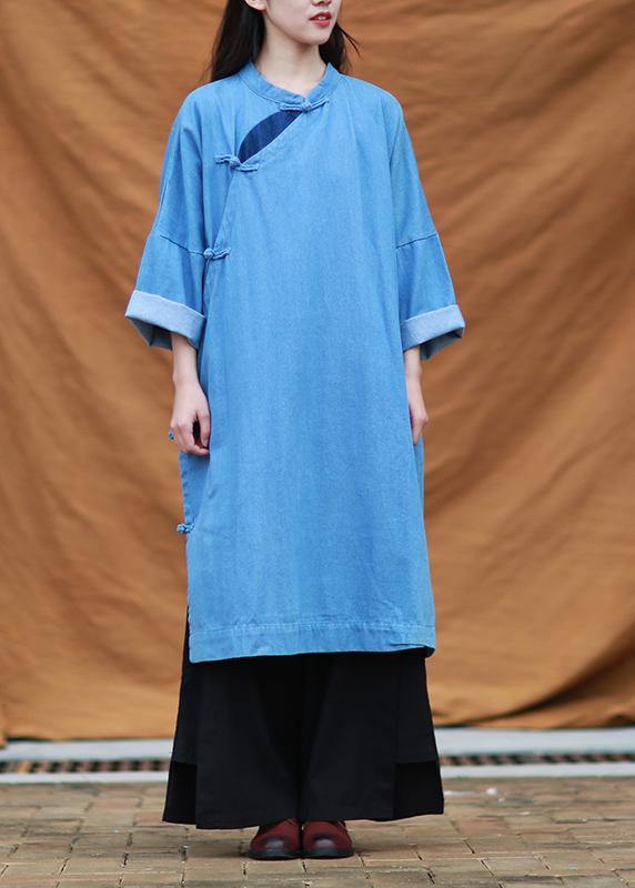 Diy Denim Blue Quilting Dresses Stand Collar Patchwork Maxi Dresses
