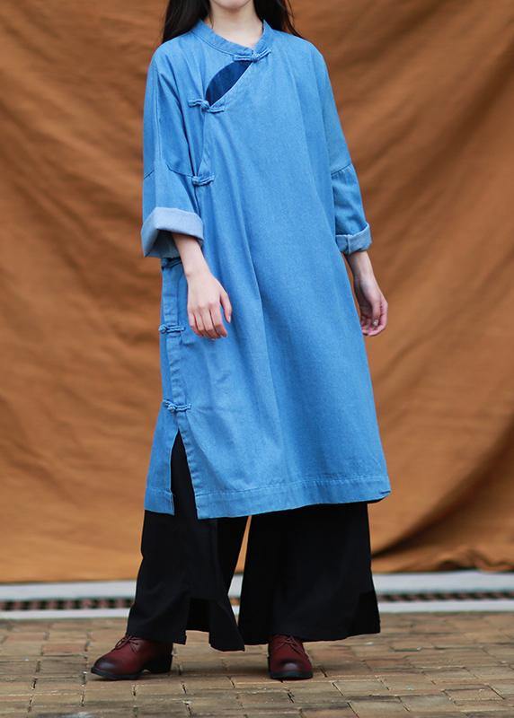 Diy Denim Blue Quilting Dresses Stand Collar Patchwork Maxi Dresses
