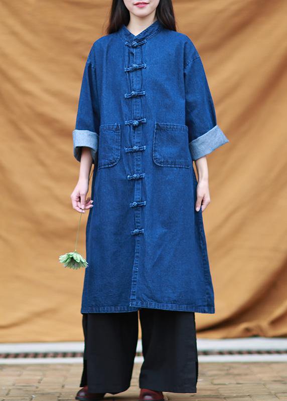 Diy Denim Blue Tunic Stand Collar Pockets Maxi Dress