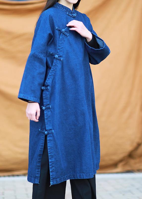 Diy Denim Dark Blue Quilting Dresses Stand Collar Baggy Dresses