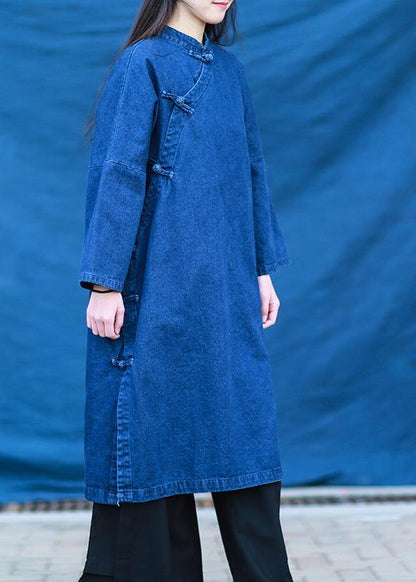 Diy Denim Dark Blue Quilting Dresses Stand Collar Baggy Dresses