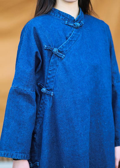 Diy Denim Dark Blue Quilting Dresses Stand Collar Baggy Dresses