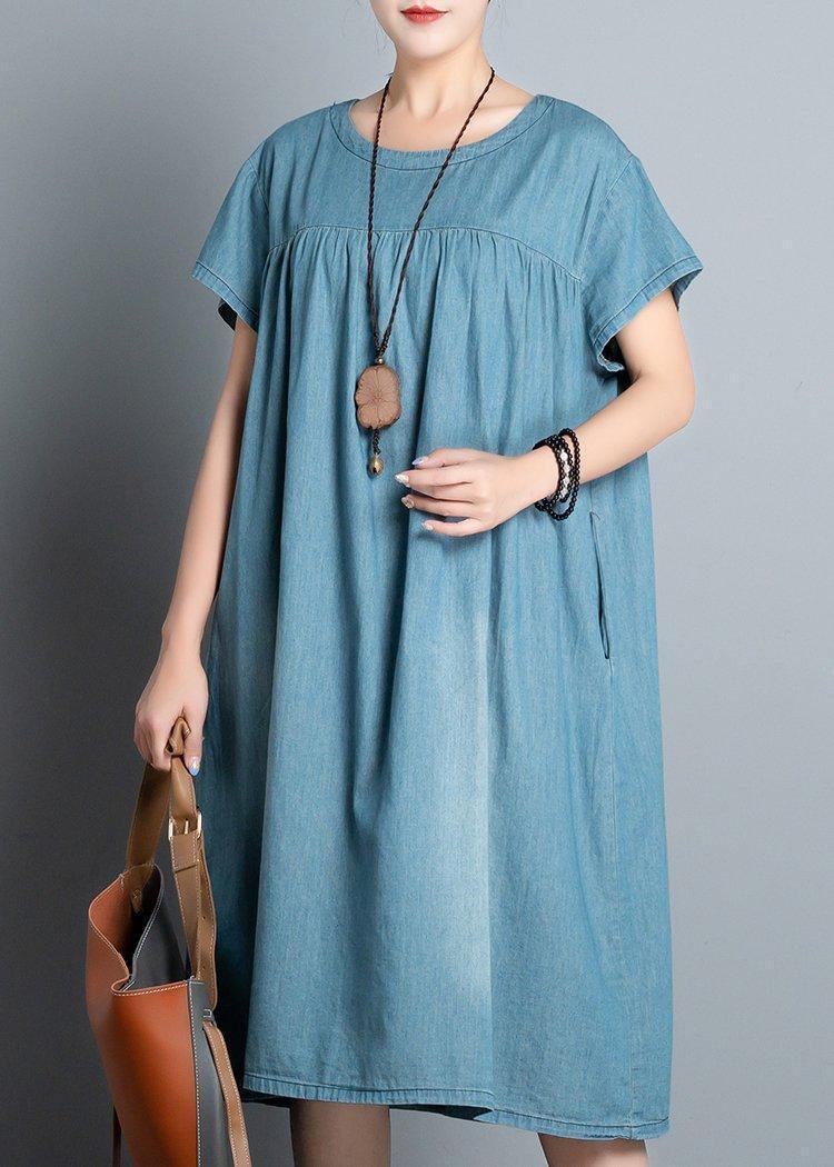 Diy O Neck Pockets Cotton Short Sleeve Denim Blue Dress Summer