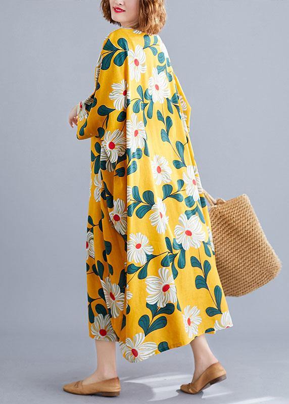 Diy O Neck Pockets Linen Cotton Dress Tunic Tops Yellow Print Dresses
