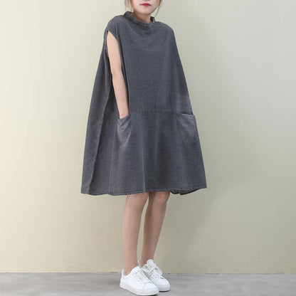 Diy O Neck Sleeveless Cotton Outfit Denim Gray Dress