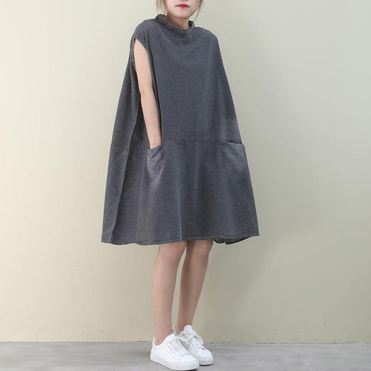 Diy O Neck Sleeveless Cotton Outfit Denim Gray Dress