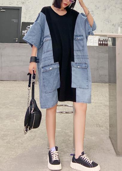 Diy O Neck Summer Tunics for Black Patchwork Denim Blue Dresses