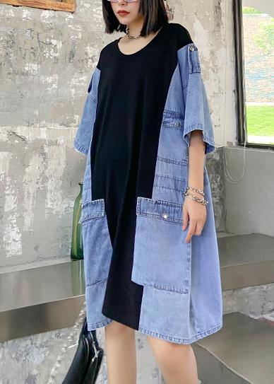Diy O Neck Summer Tunics for Black Patchwork Denim Blue Dresses