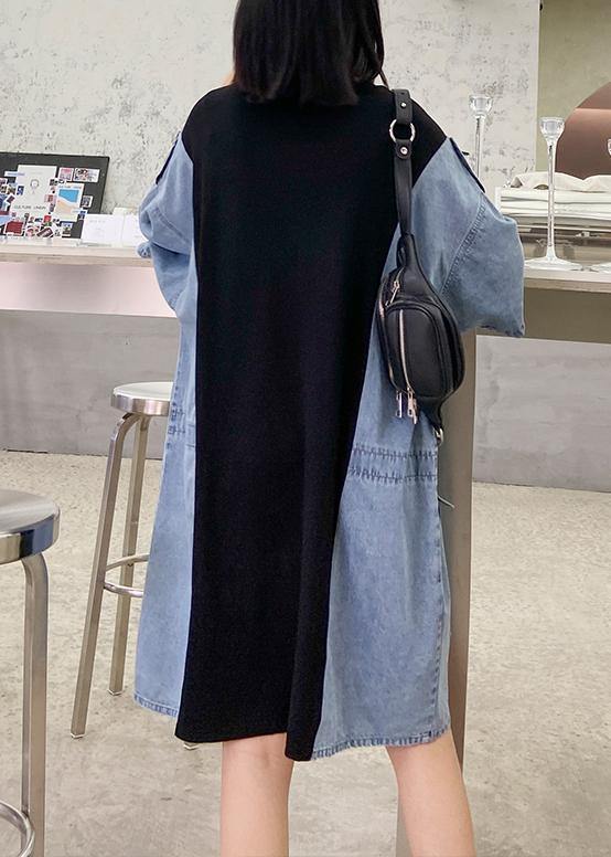 Diy O Neck Summer Tunics for Black Patchwork Denim Blue Dresses