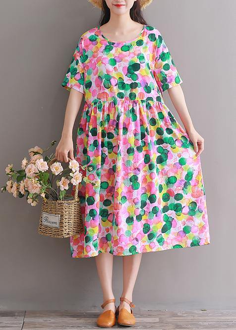 Diy Pink Prints Cotton Clothes Short Sleeve Tunic Summer Dresses