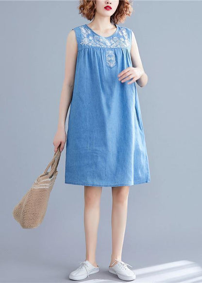 Diy Sleeveless Embroidery Cotton Clothes Work Denim Blue Dresses Summer