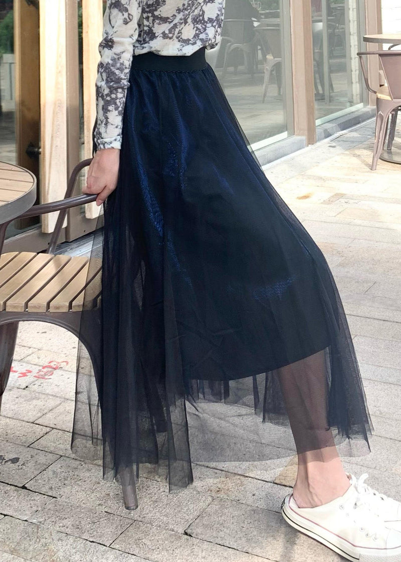 Dty Blue Elastic Waist Draping Tulle a Line Skirt Spring