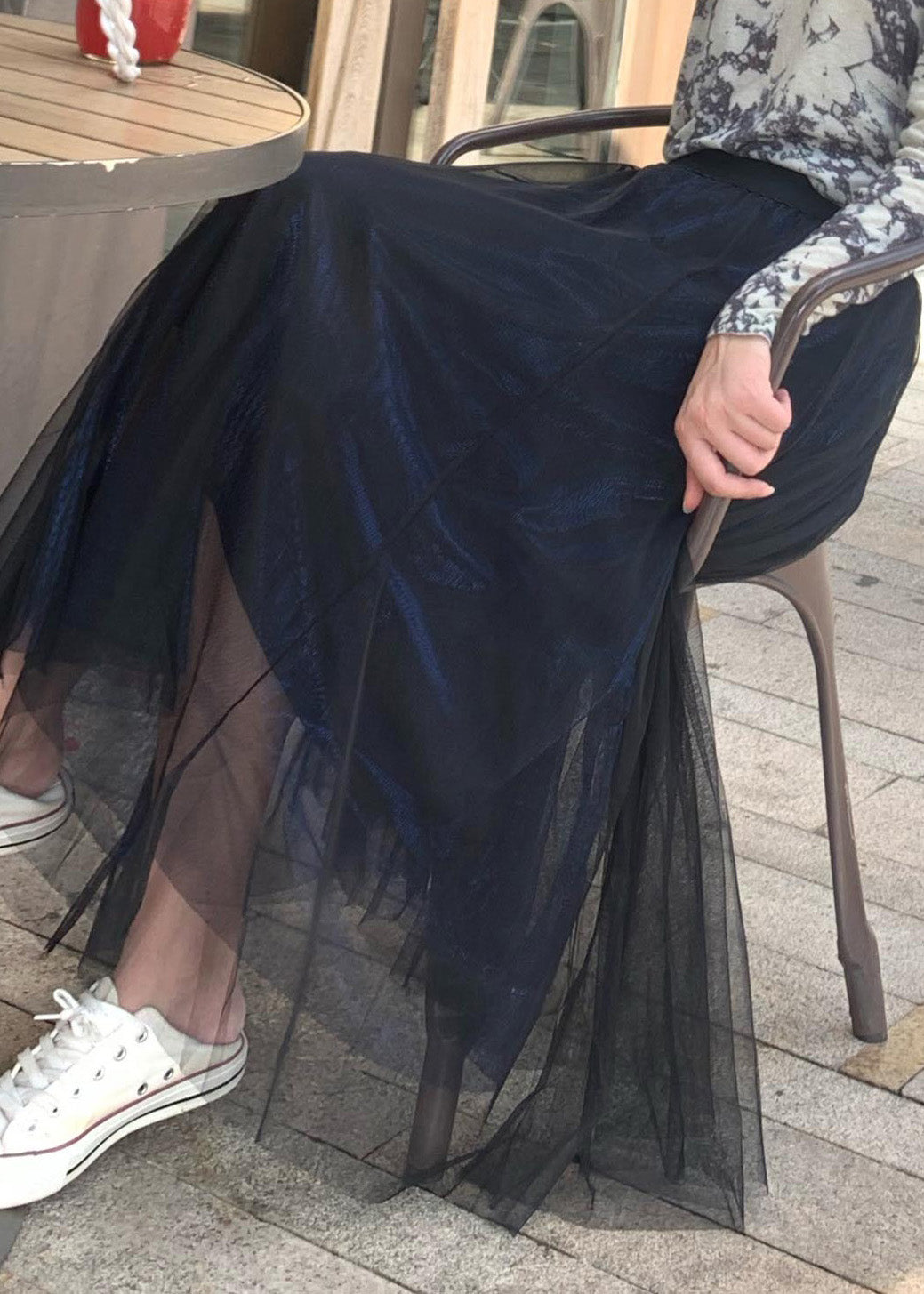 Dty Blue Elastic Waist Draping Tulle a Line Skirt Spring