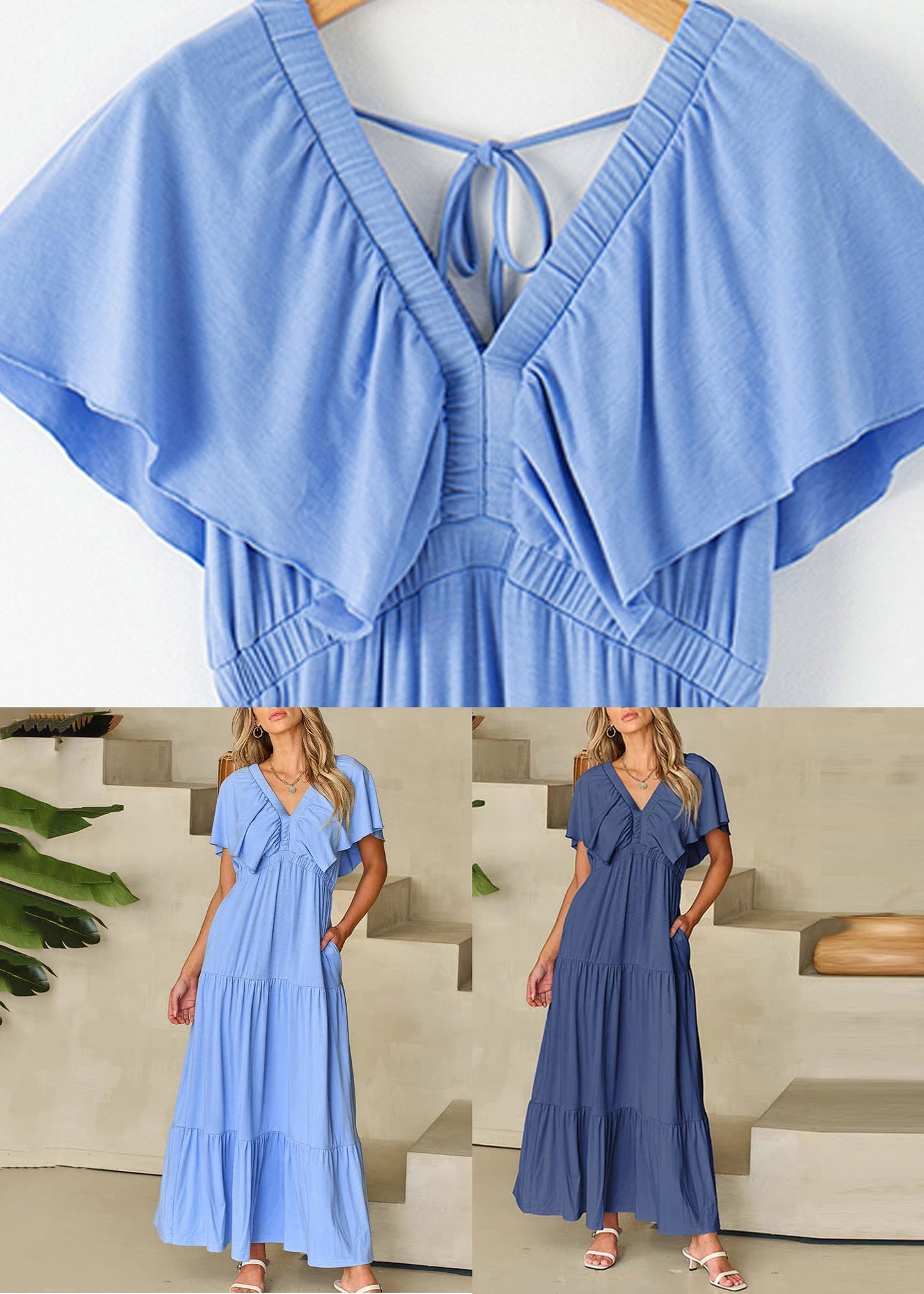 Dark Blue Ruffled Patchwork Maxi Dresses Ruffled Summer