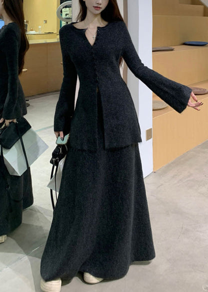 Dark Gray Front Open Sweaters and Skirts Knit Two Pieces Set O Neck Winter