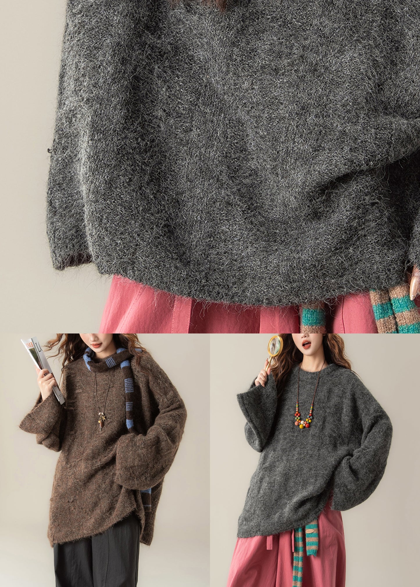 Dark Gray Knit Pullover Sweater O Neck